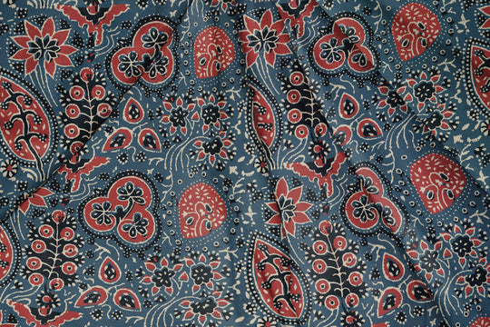 Ajrakh Red and Royal Blue, Designer Indian Fabric