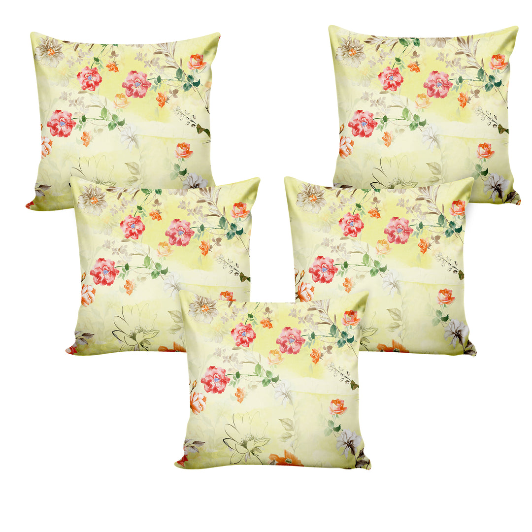 Ultimate Trends Fancy Floral Digital Printed Cushion Cover, 16 Inch X 16 Inch, Set of 5 - Multi Color