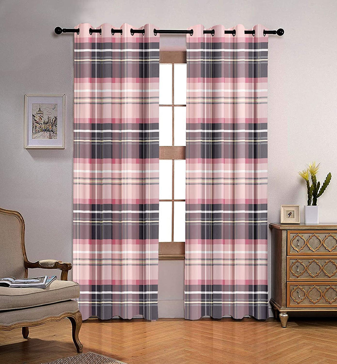 Ultimate Trends Premium Polyester Checkered Curtain For Home Décor Baby Pink and Grape Color, 1 Piece