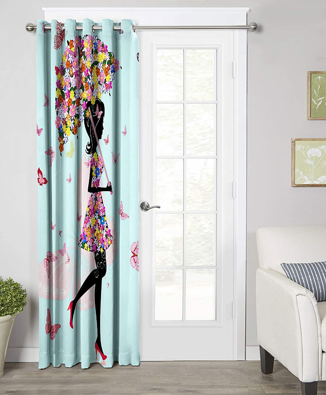 Ultimate Trends Premium Polyester Kids Room Curtain Arctic Blue Color, Girl With Flowers, 1 Piece