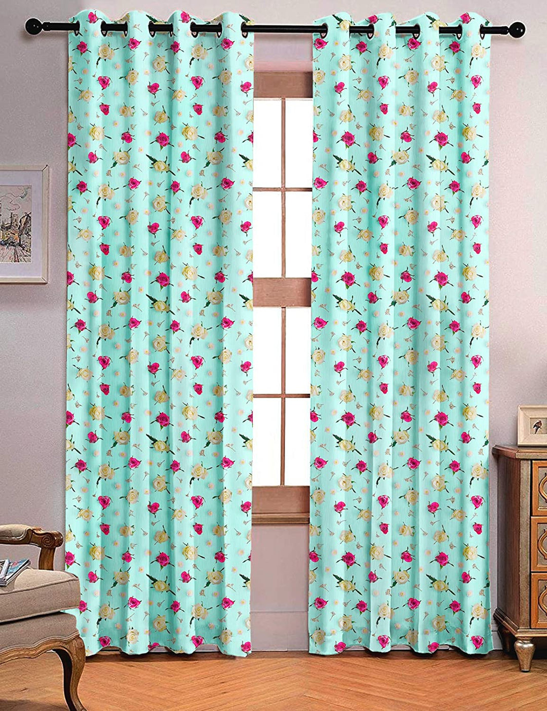 Ultimate Trends Premium Polyester 3D Floral Curtain For Home Décor Sea Green Color, 1 Piece