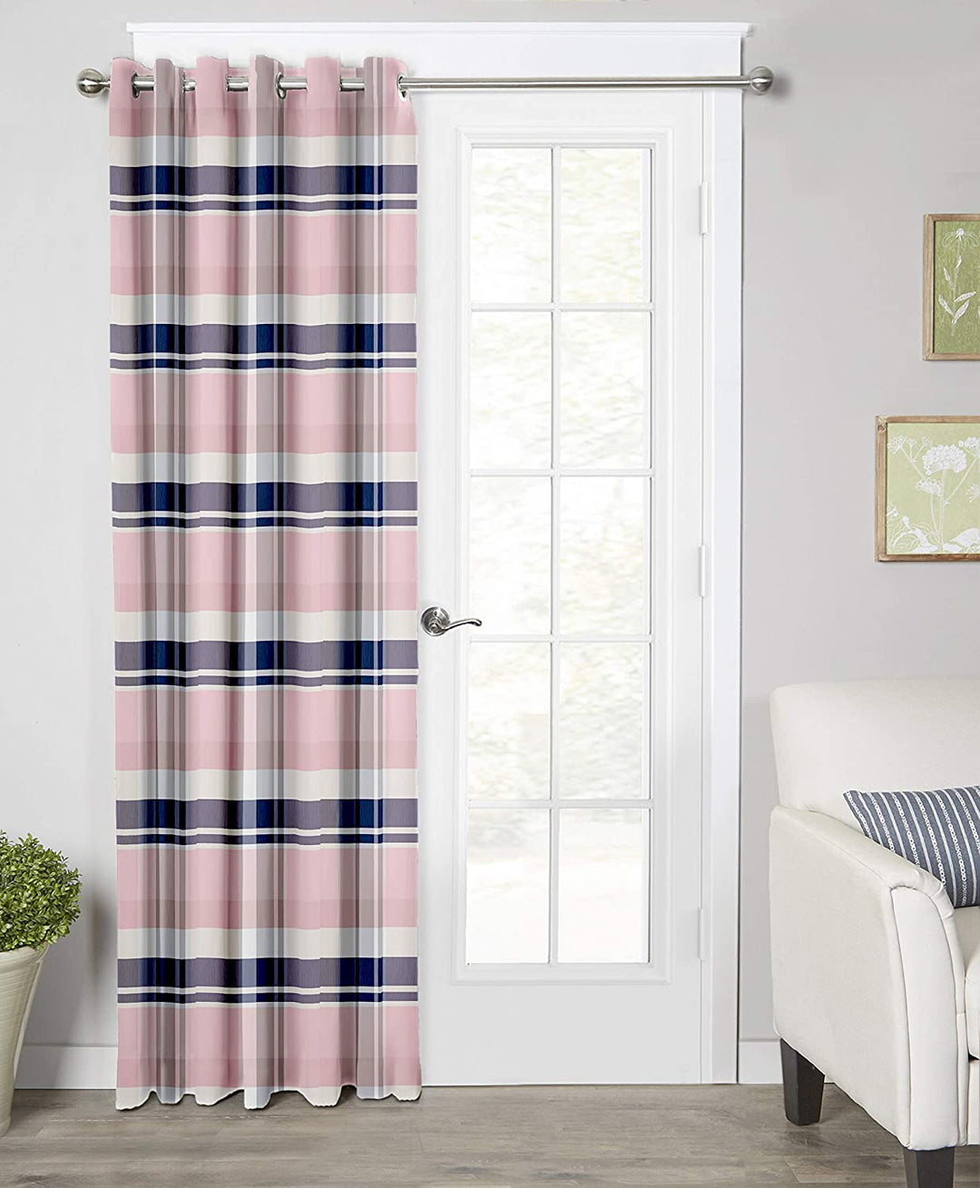 Ultimate Trends Premium Polyester Checkered Curtain For Home Décor Lace Pink and Stone Blue Color, 1 Piece