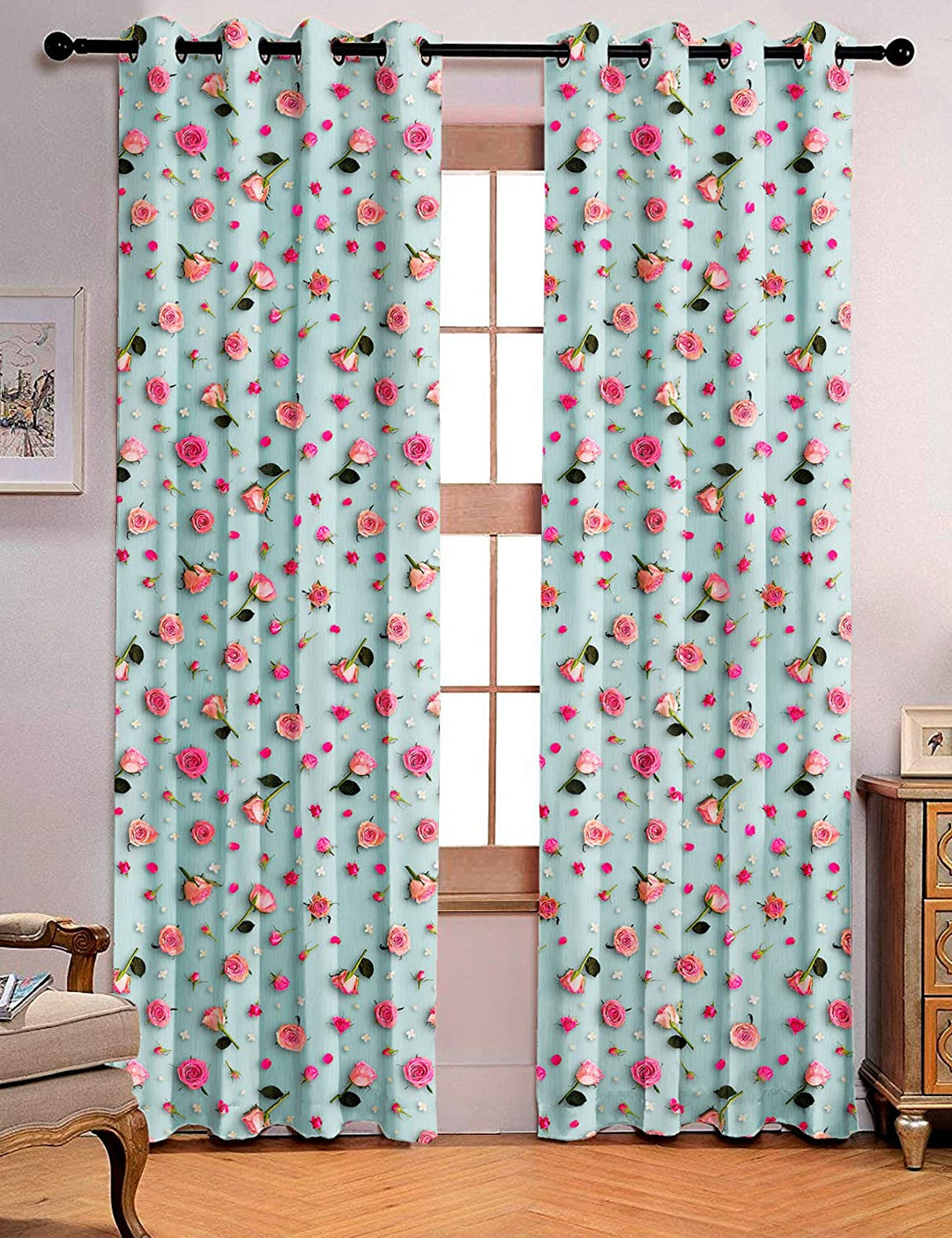 Ultimate Trends Premium Polyester 3D Floral Curtain For Home Décor Sky Blue Color, 1 Piece