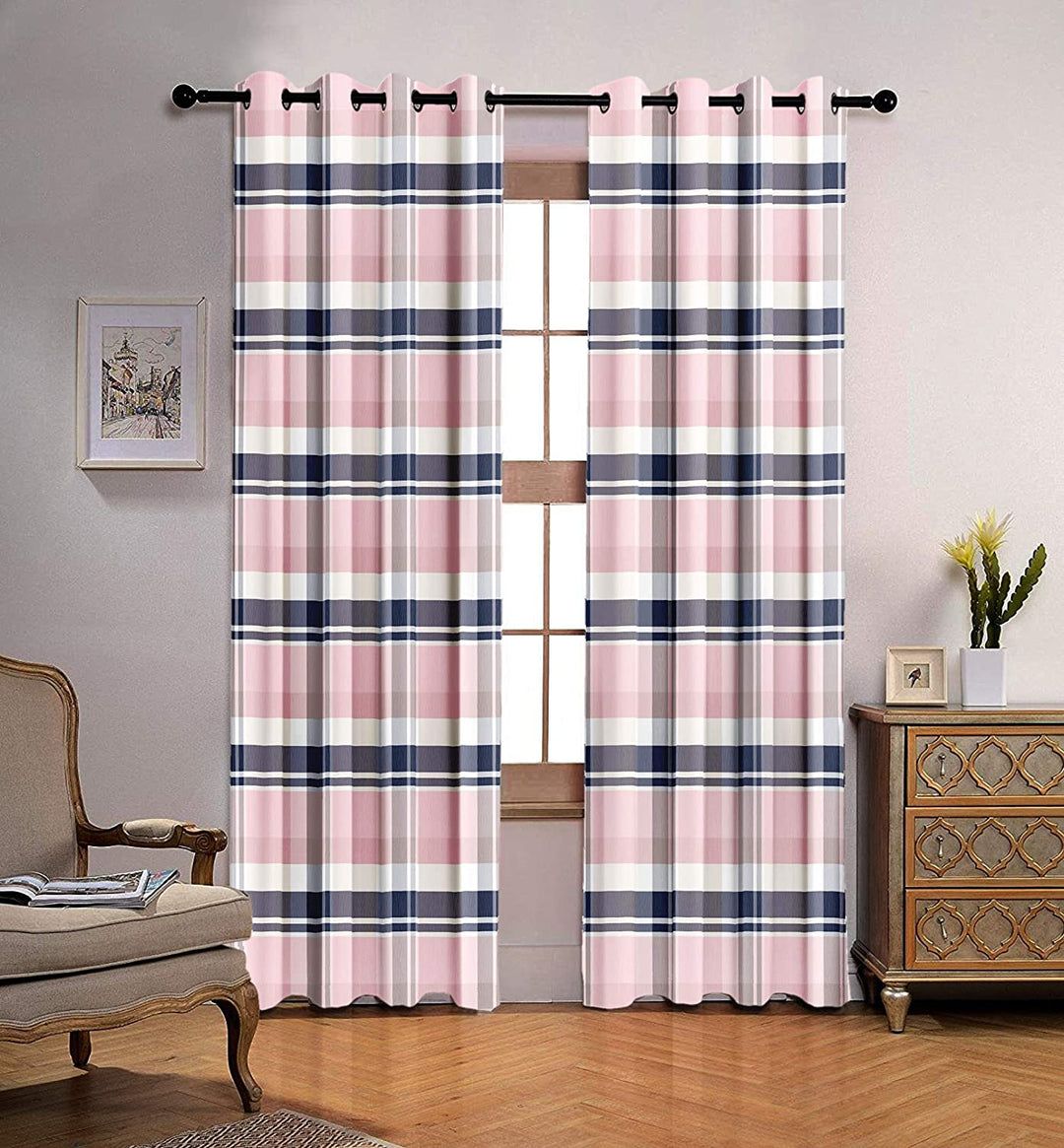 Ultimate Trends Premium Polyester Checkered Curtain For Home Décor Lace Pink and Stone Blue Color, 1 Piece