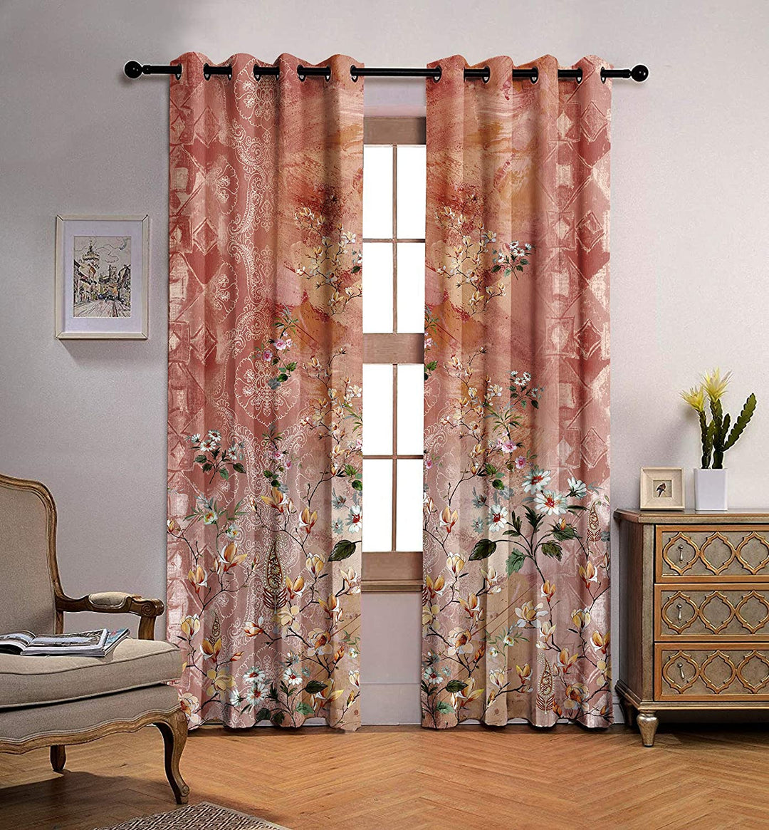 Ultimate Trends Premium Polyester Elite Floral Curtain For Home Décor Chestnut Brown Multi Color, 1 Piece