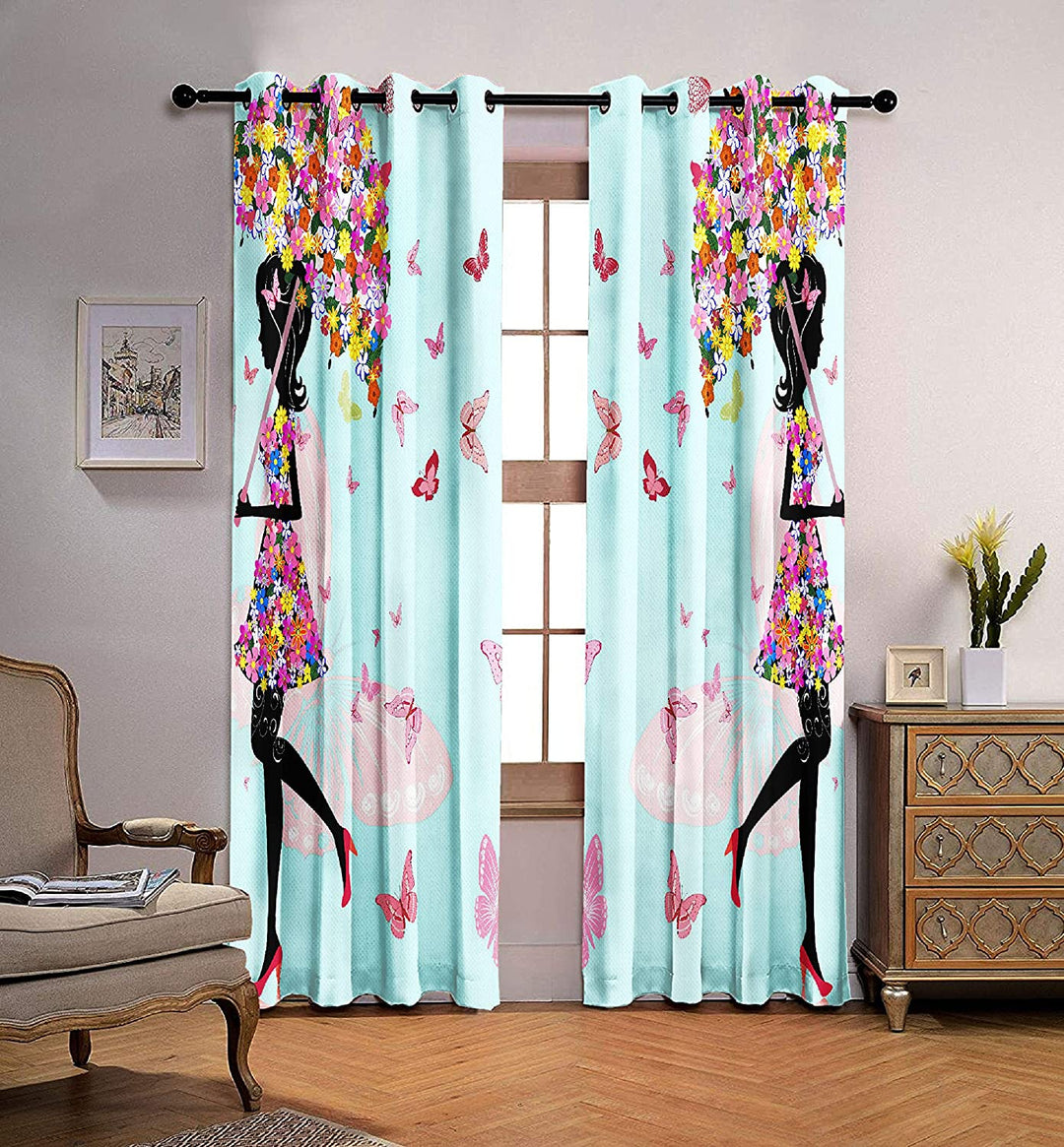 Ultimate Trends Premium Polyester Kids Room Curtain Arctic Blue Color, Girl With Flowers, 1 Piece