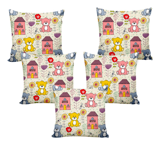 Ultimate Trends Kids Room Teddy Bear Printed Cushion Cover, 16 Inch X 16 Inch, Set of 5 -  Multi Color