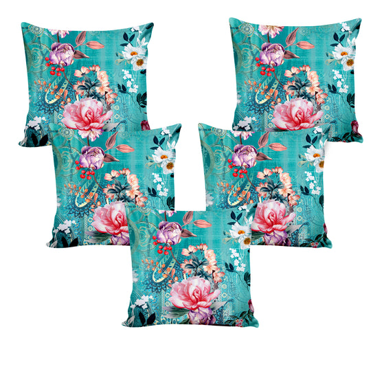 Ultimate Trends Floral Digital Printed Cushion Cover, 16 Inch X 16 Inch, Set of 5 - Sea Green Color