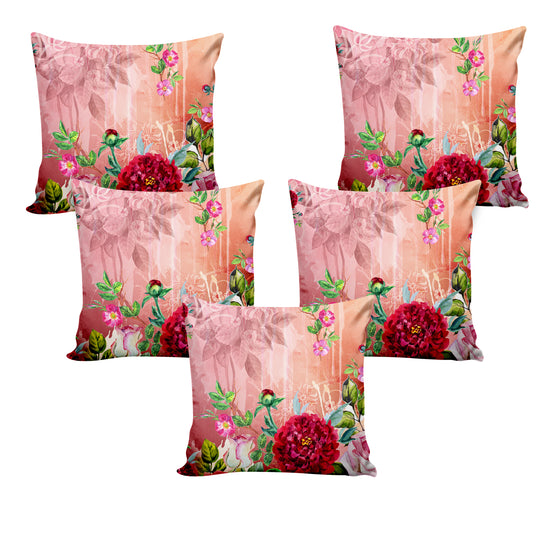 Ultimate Trends Floral Digital Printed Cushion Cover, 16 Inch X 16 Inch, Set of 5 - Peach Color