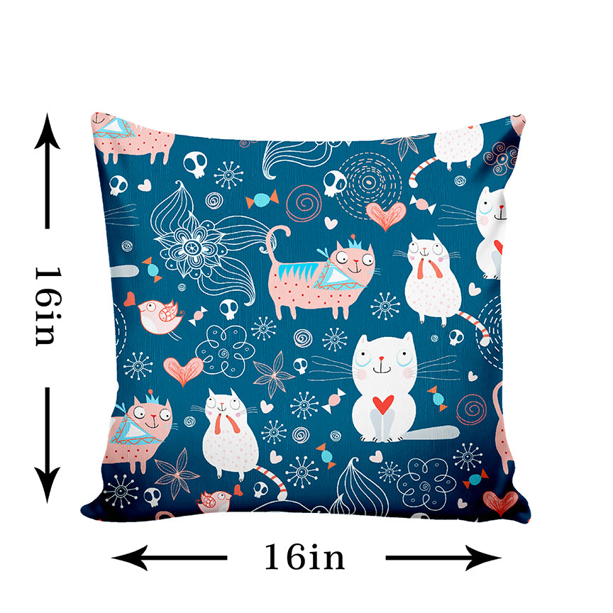 Ultimate Trends Kids Room Comic Cat Printed Cushion Cover, 16 Inch X 16 Inch, Set of 5 -  Blue Color