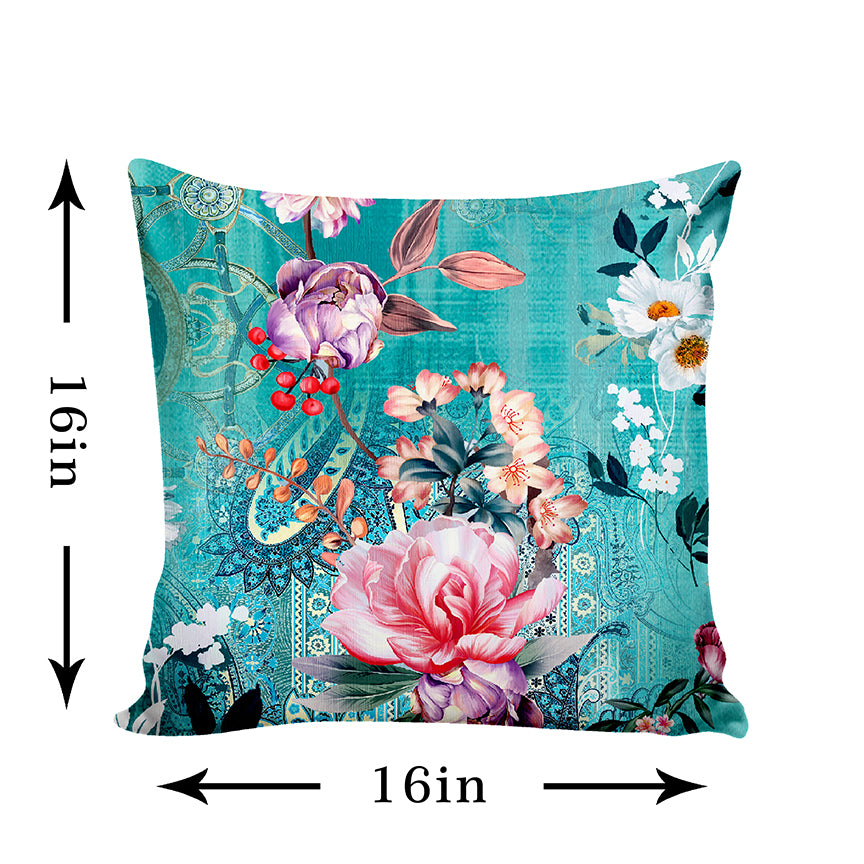 Ultimate Trends Floral Digital Printed Cushion Cover, 16 Inch X 16 Inch, Set of 5 - Sea Green Color