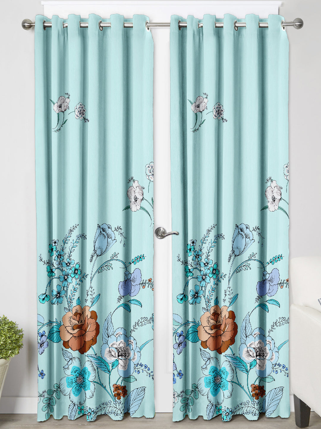 Ultimate Trends Premium Polyester Elite Floral Curtain For Home Décor Light Turquoise Color, 1 Piece