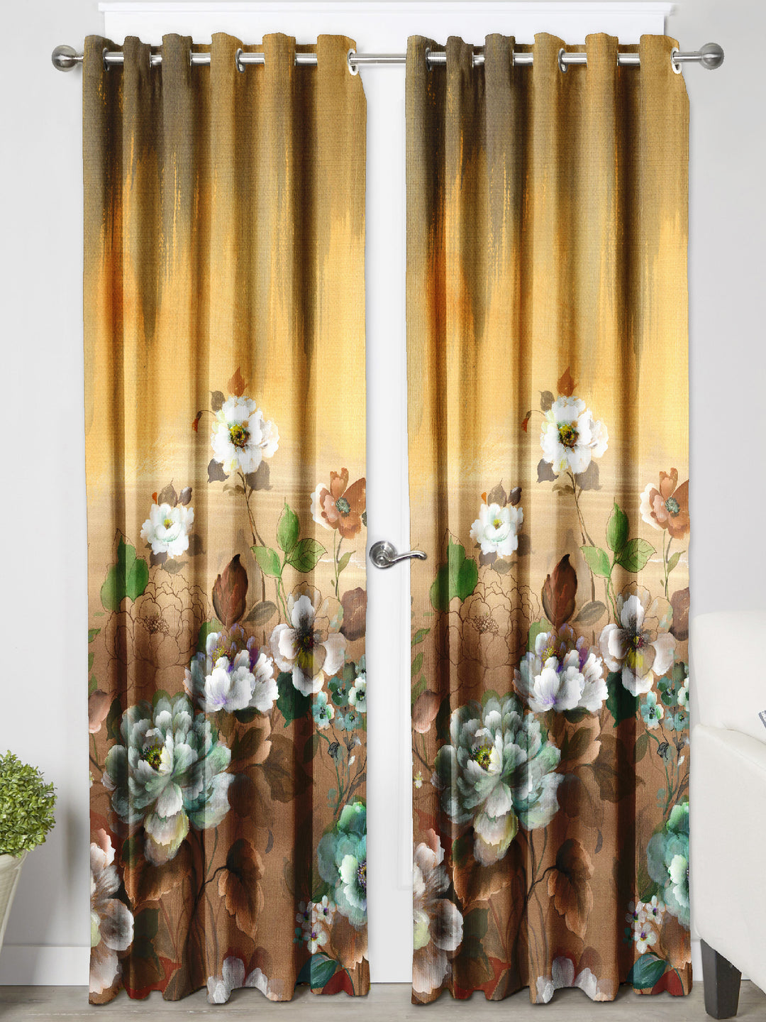 Ultimate Trends Premium Polyester Elite Floral Curtain For Home Décor Yellow and Brown Color, 1 Piece