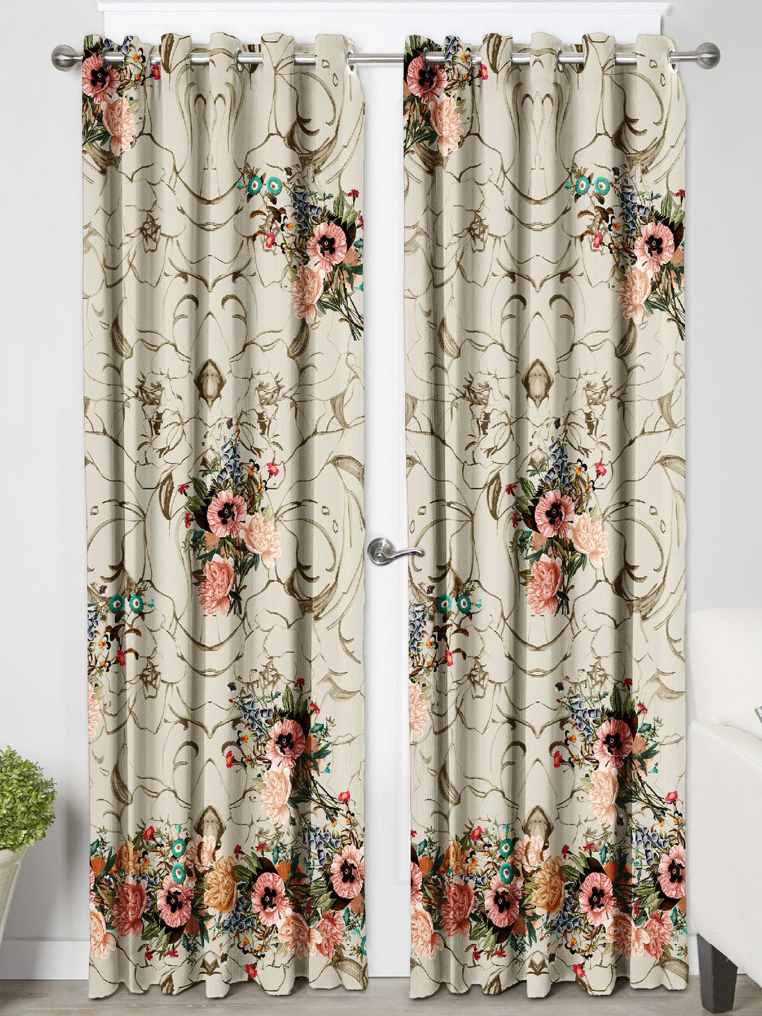 Ultimate Trends Premium Polyester Elite Floral Curtain For Home Décor Beige Color, 1 Piece