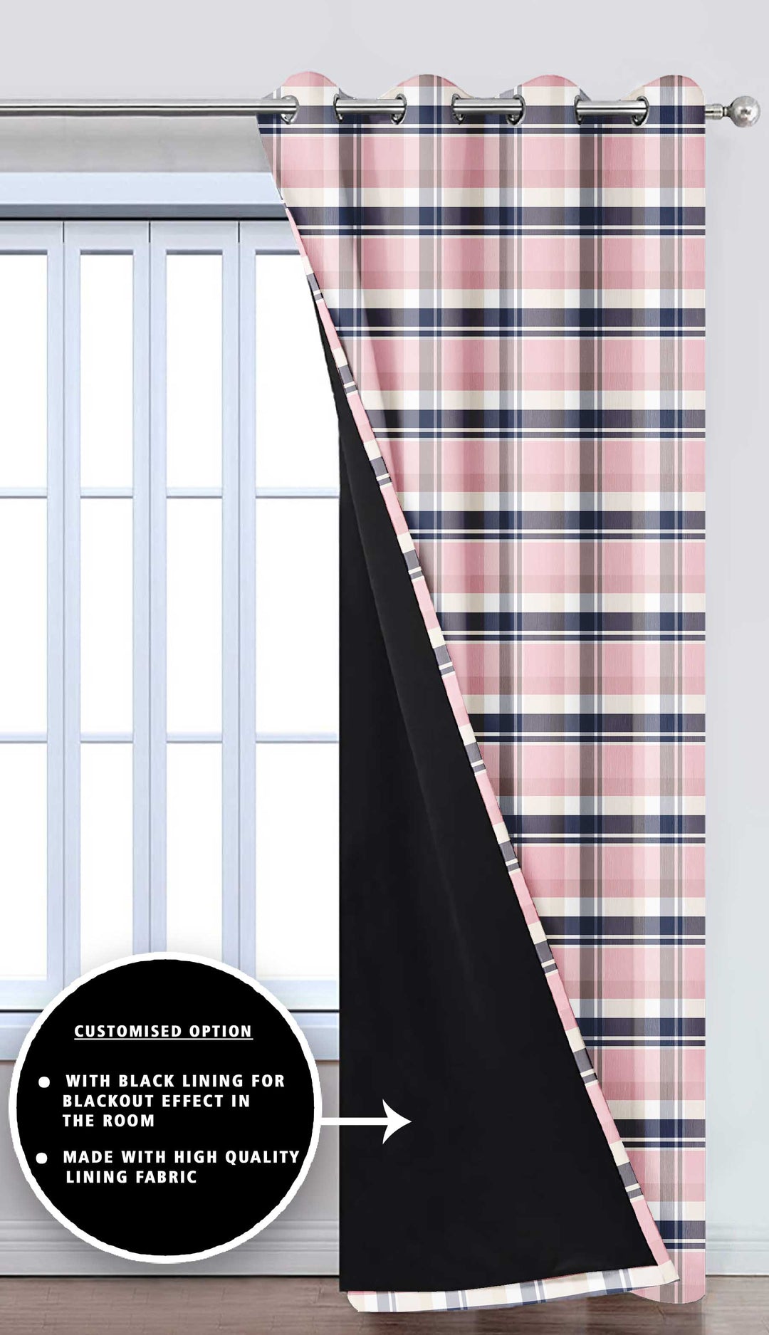 Ultimate Trends Premium Polyester Checkered Curtain For Home Décor Lace Pink and Stone Blue Color, 1 Piece