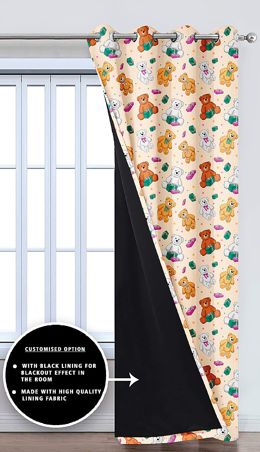 Ultimate Trends Premium Polyester Kids Room Curtain Cream Color, Teddy Bear, 1 Piece