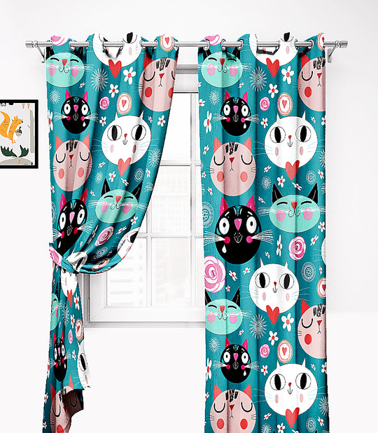 Ultimate Trends Premium Polyester Kids Room Curtain Teal Green Color, Funny Cats, 1 Piece