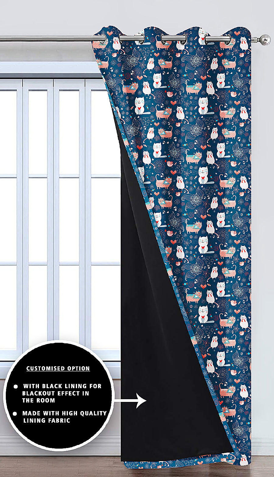 Ultimate Trends Premium Polyester Kids Room Curtain Pine Blue Color, Funny Cats, 1 Piece