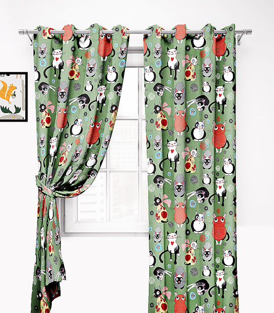 Ultimate Trends Premium Polyester Kids Room Curtain Sea Green Color, Funny Cats, 1 Piece