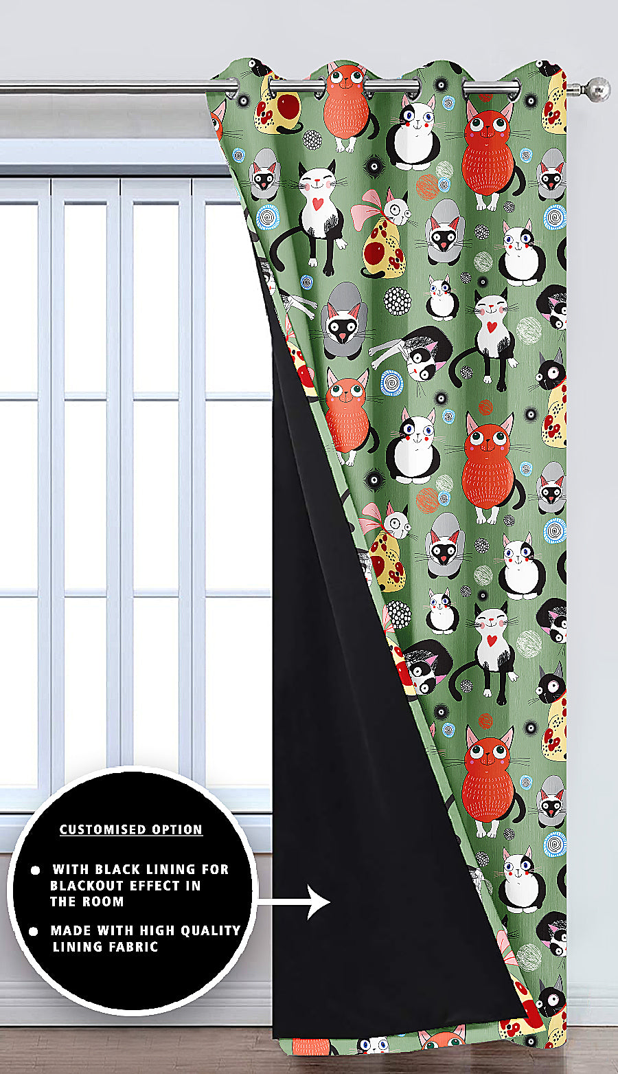 Ultimate Trends Premium Polyester Kids Room Curtain Sea Green Color, Funny Cats, 1 Piece