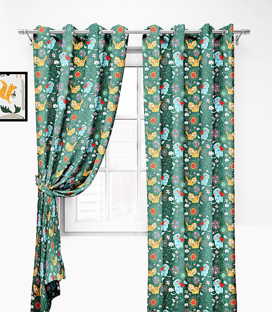 Ultimate Trends Premium Polyester Kids Room Curtain Pine Green Color, Funny Cats, 1 Piece