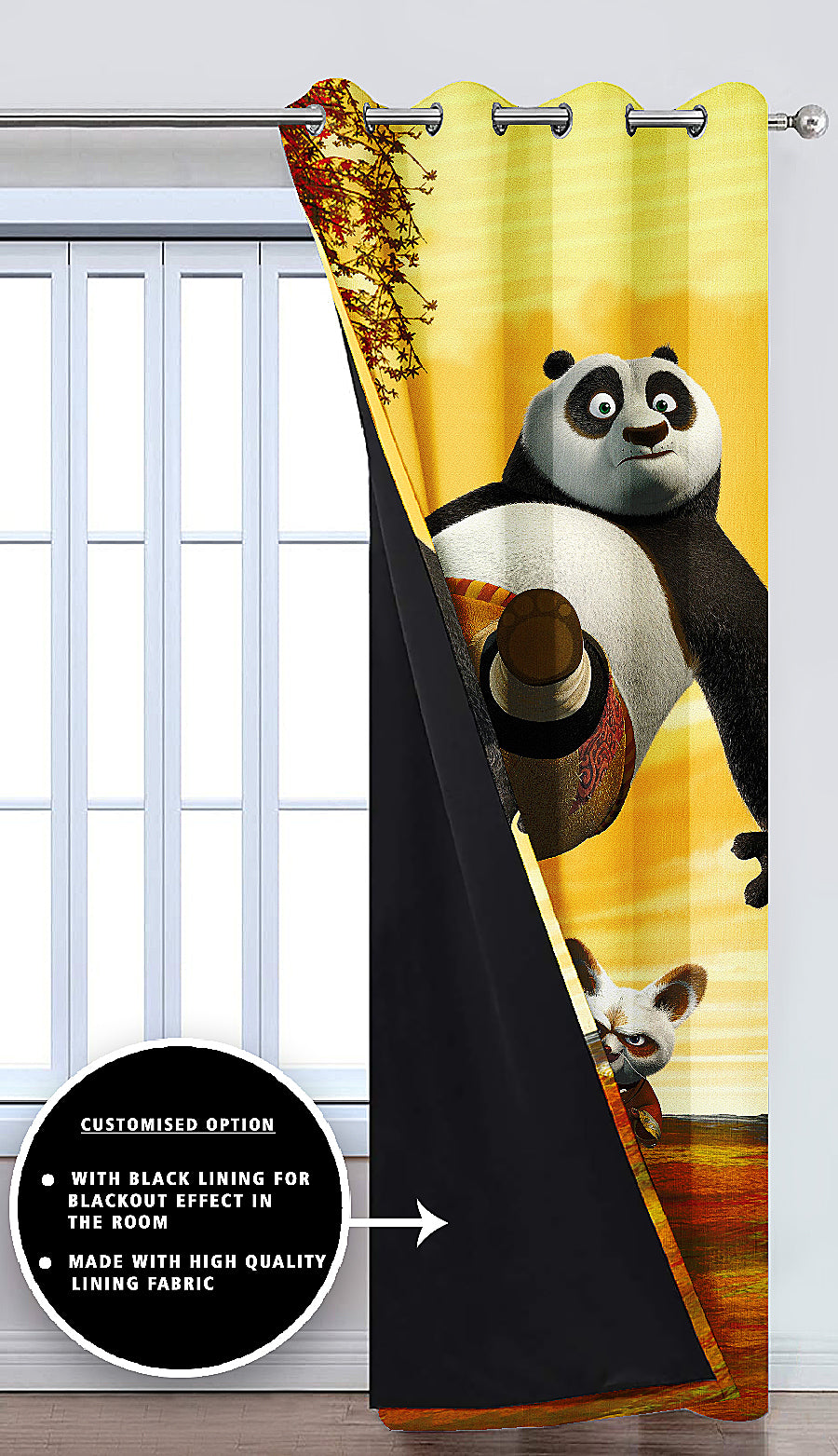 Ultimate Trends Premium Polyester 3D Cartoon Kids Room Curtain Cloud Yellow Color, KungFu Panda, 1 Piece