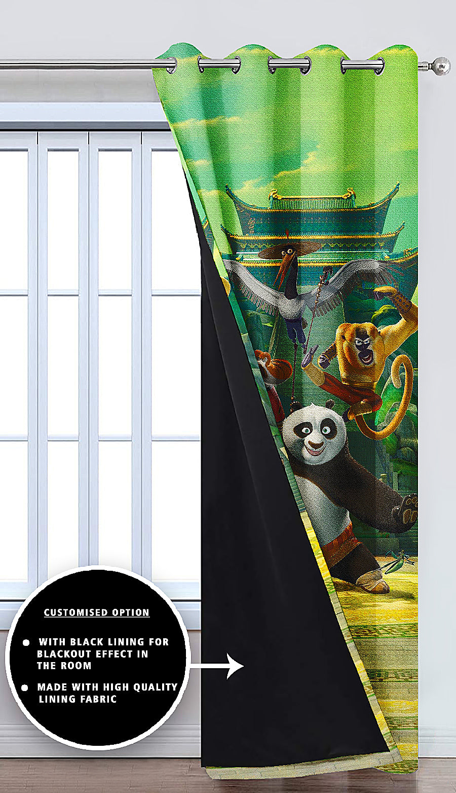 Ultimate Trends Premium Polyester 3D Cartoon Kids Room Curtain Parrot Green Color, KungFu Panda, 1 Piece