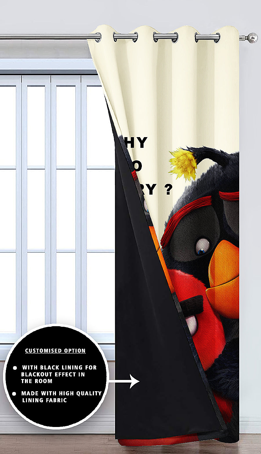 Ultimate Trends Premium Polyester 3D Cartoon Kids Room Curtain White and Multi Color, Angry Birds, 1 Piece