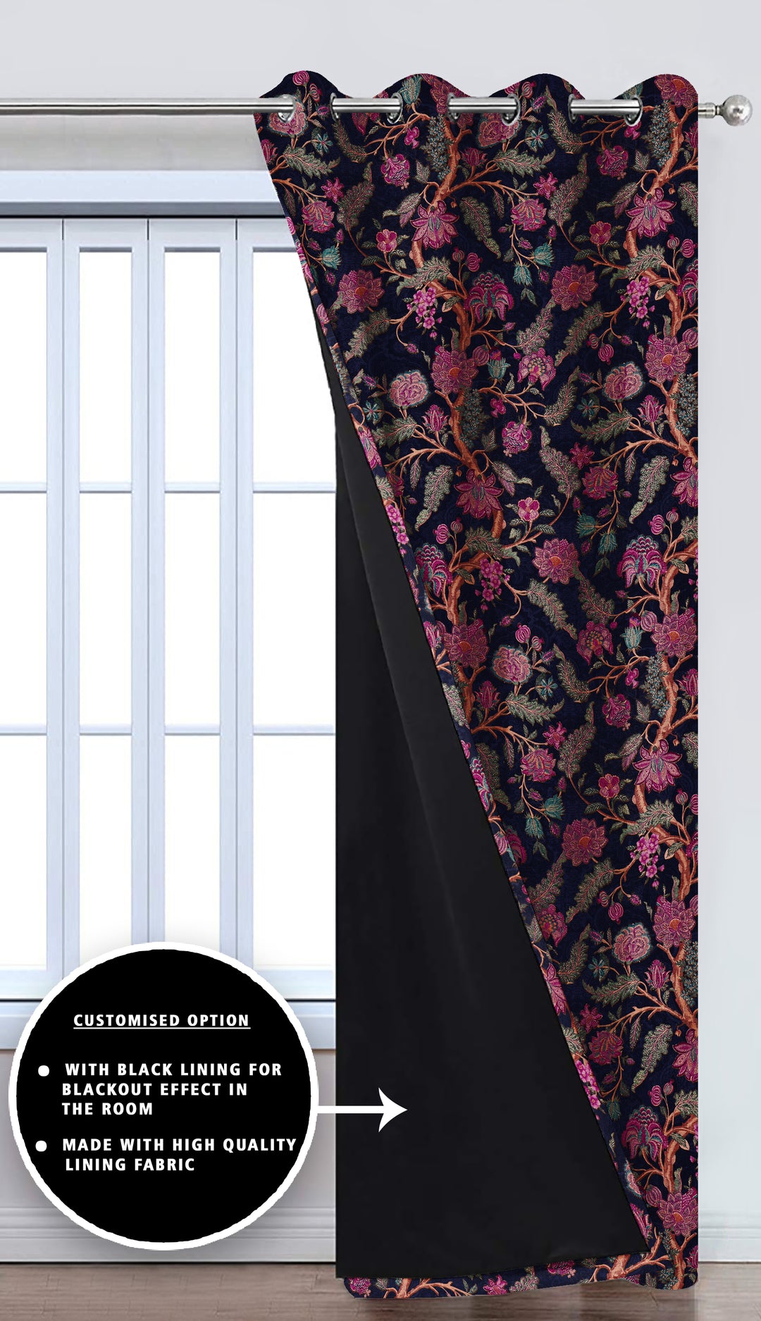 Ultimate Trends Premium Polyester Fancy Floral Curtain For Home Décor Black Color, 1 Piece