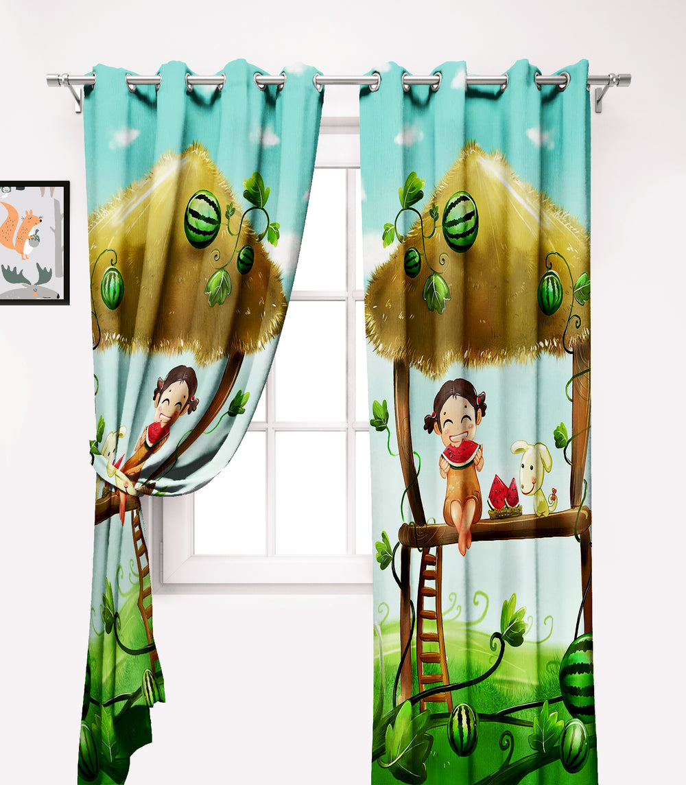 Ultimate Trends Premium Polyester Fancy 3D Kids Curtain For Home Décor Green and Sky Blue Color, 1 Piece