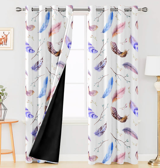 Ultimate Trends ™ Premium Polyester Modern Feather Designer Blackout Curtains, White, Multicolor Feathers, for Home and Living Room Set of 2, Blackout Curtains