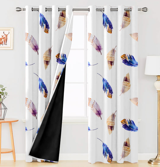 Ultimate Trends ™ Premium Polyester Modern Feather Designer Blackout Curtains, White, Multicolor Feathers, for Home and Living Room Set of 2, Blackout Curtains