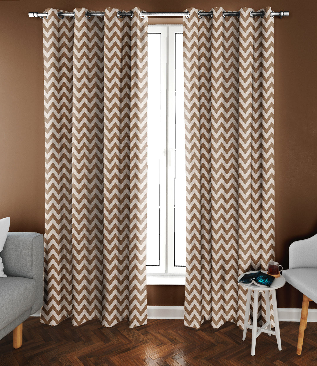 Ultimate Trends Premium Polyester Chevron Pattern Digital Printed Curtain, Peanut Brown Color, 1 Piece