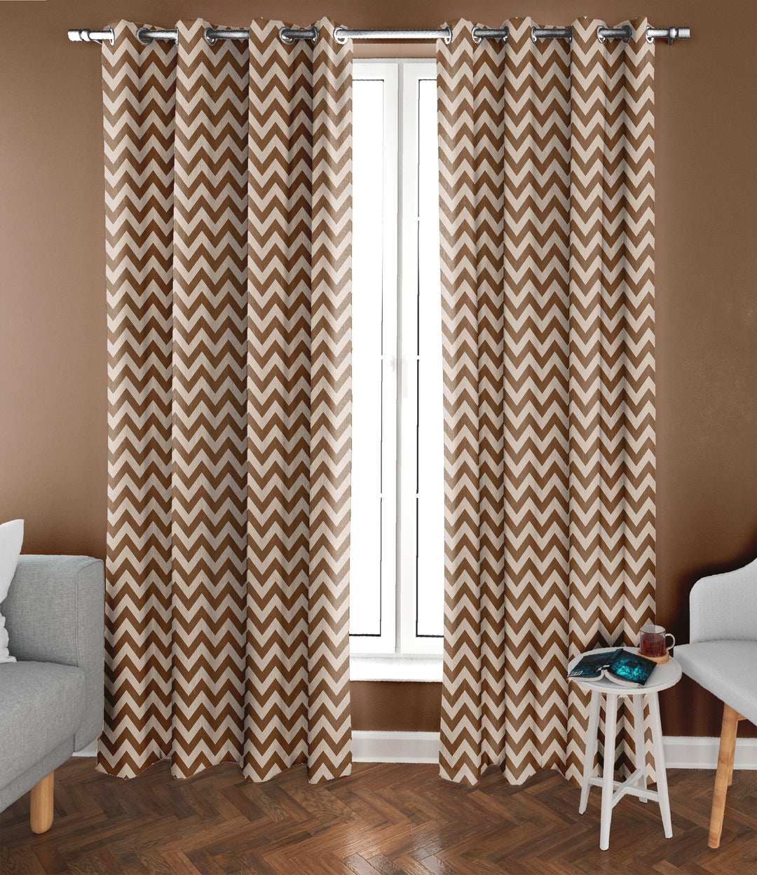 Ultimate Trends Premium Polyester Chevron Pattern Digital Printed Curtain, Brown Color, 1 Piece