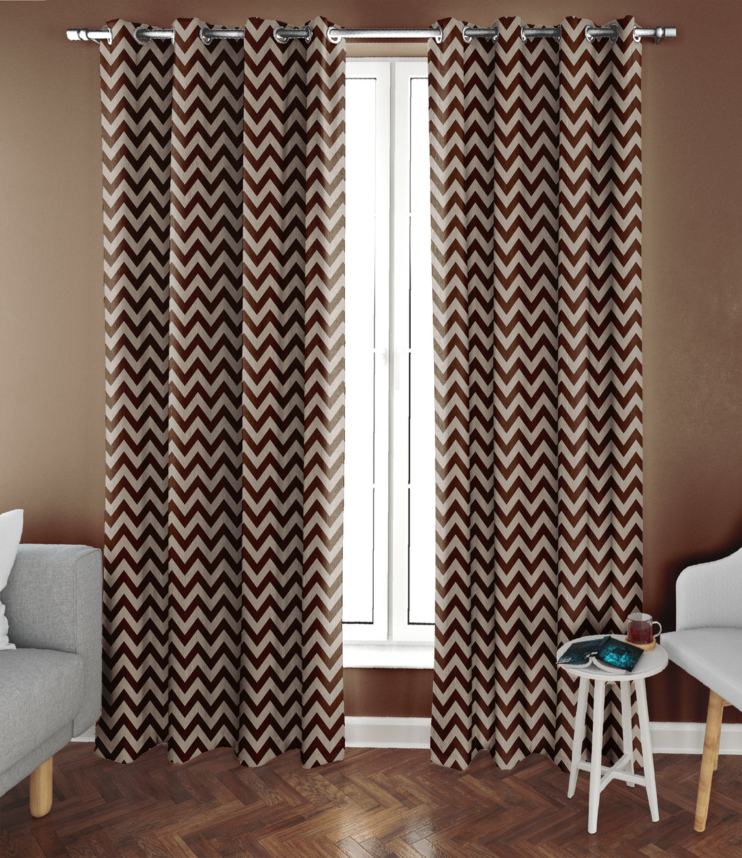 Ultimate Trends Premium Polyester Chevron Pattern Digital Printed Curtain, Chocolate Color, 1 Piece