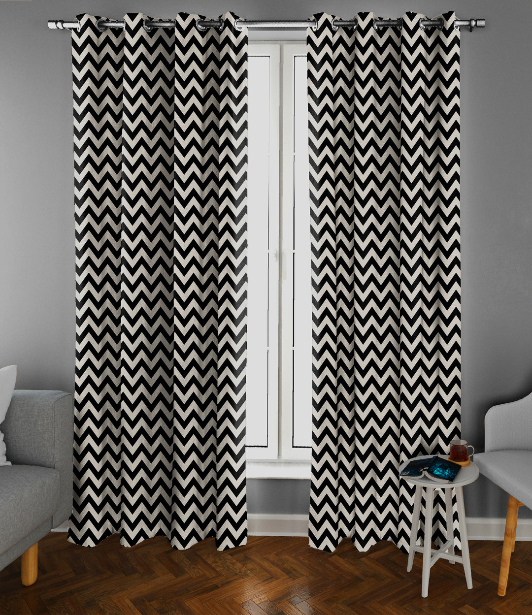 Ultimate Trends Premium Polyester Chevron Pattern Digital Printed Curtain, Black Color, 1 Piece