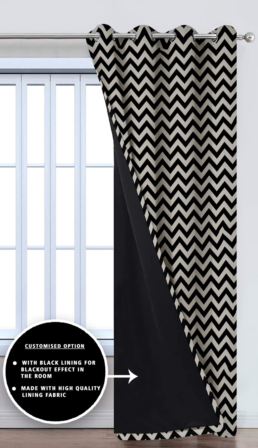 Ultimate Trends Premium Polyester Chevron Pattern Digital Printed Curtain, Black Color, 1 Piece