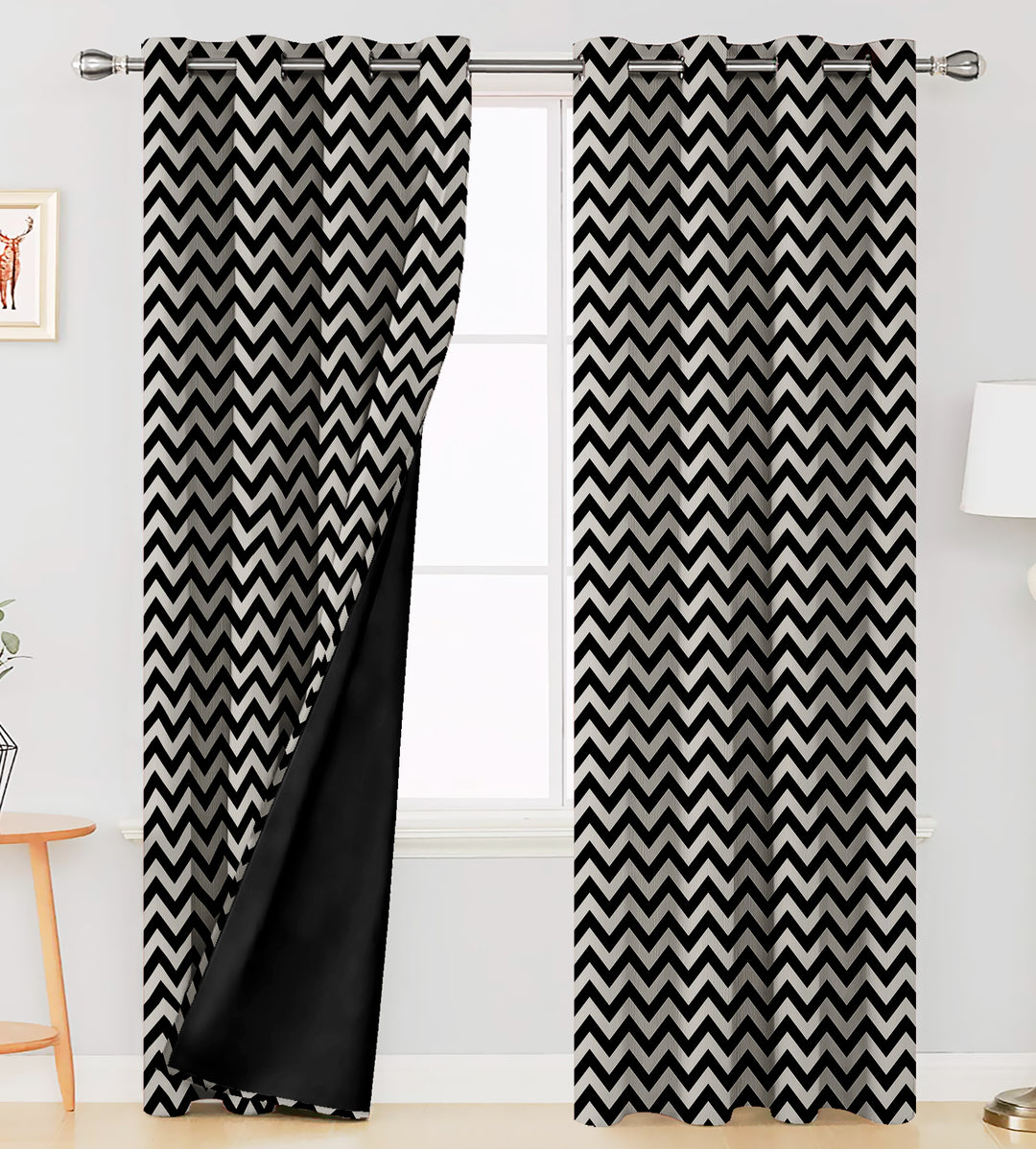 Ultimate Trends Premium Polyester Chevron Pattern Digital Printed Curtain, Black Color, 1 Piece