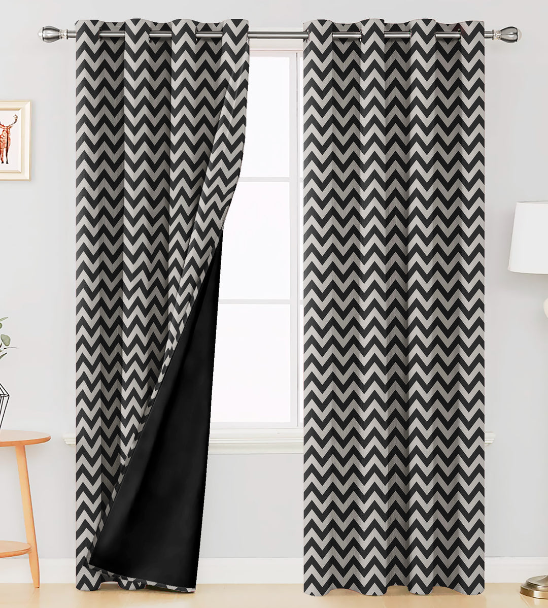 Ultimate Trends Premium Polyester Chevron Pattern Digital Printed Curtain, Charcoal Grey Color, 1 Piece