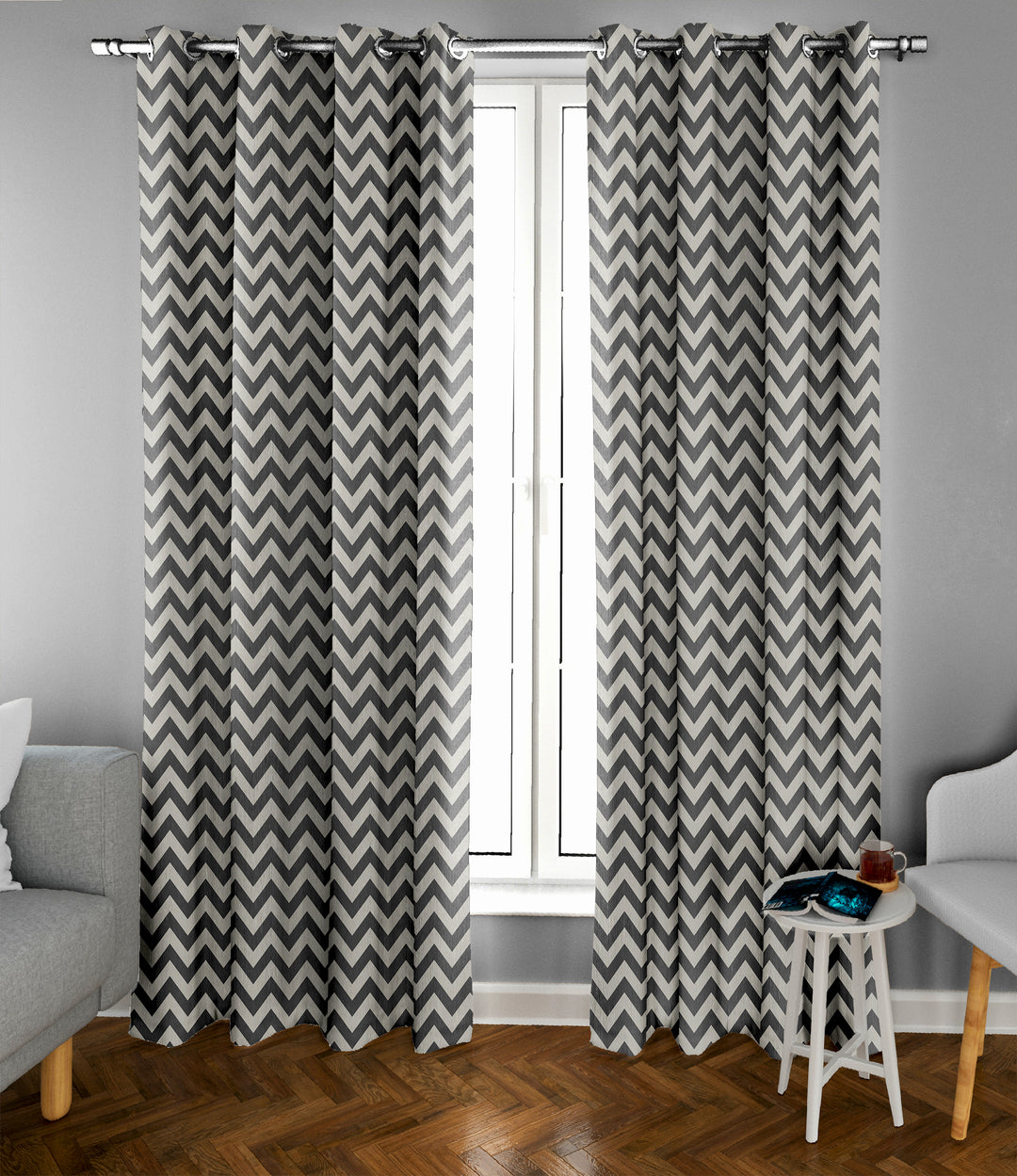 Ultimate Trends Premium Polyester Chevron Pattern Digital Printed Curtain, Steel Grey Color, 1 Piece