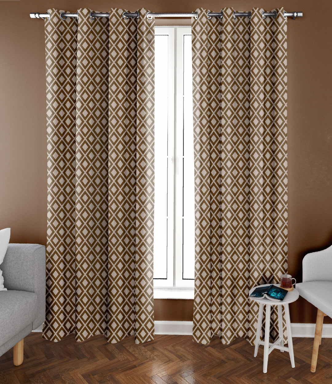 Ultimate Trends Premium Polyester Block Pattern Digital Printed Curtain, Brown Color, 1 Piece