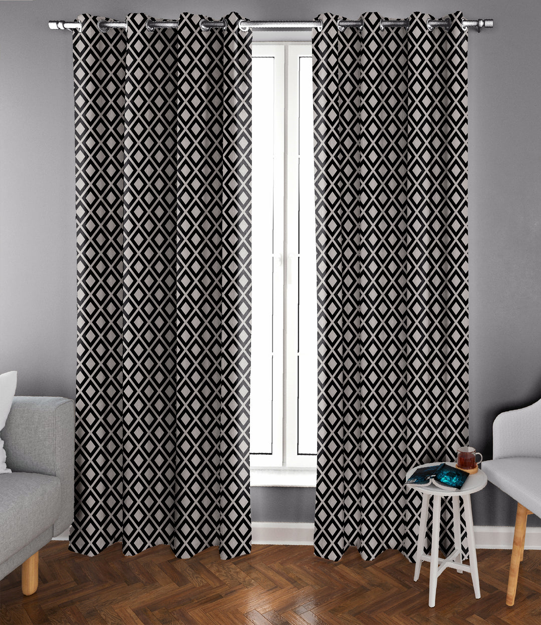 Ultimate Trends Premium Polyester Block Pattern Digital Printed Curtain, Black Color, 1 Piece