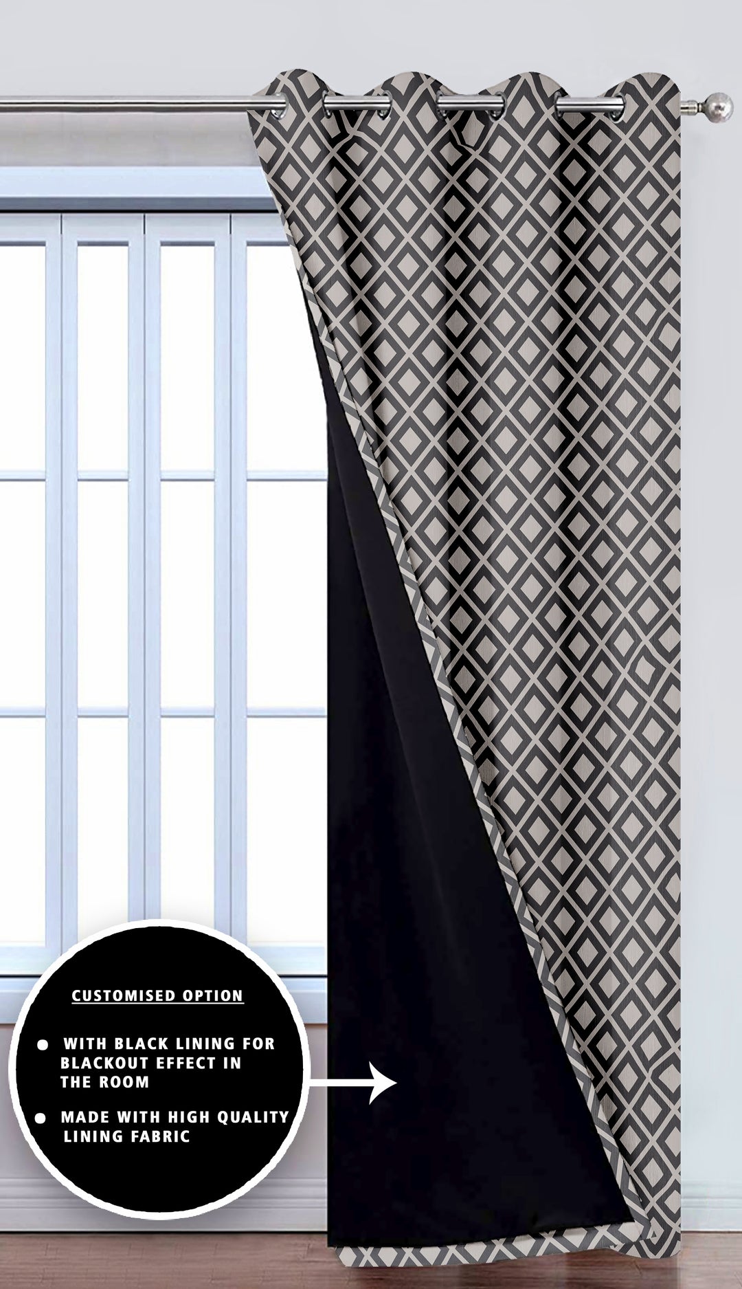 Ultimate Trends Premium Polyester Block Pattern Digital Printed Curtain, Steel Grey Color, 1 Piece