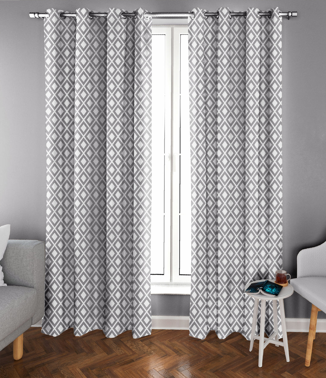 Ultimate Trends Premium Polyester Block Pattern Digital Printed Curtain, Pearl Grey Color, 1 Piece