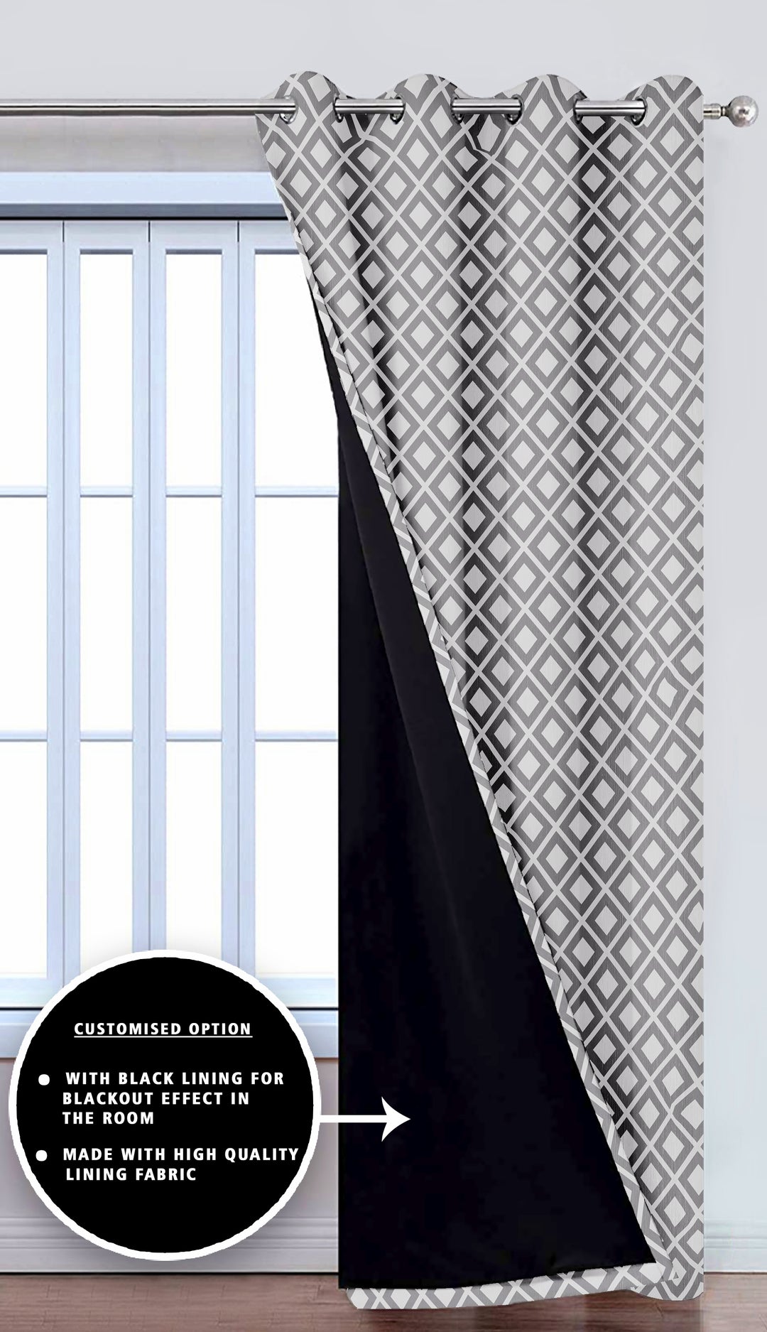 Ultimate Trends Premium Polyester Block Pattern Digital Printed Curtain, Pearl Grey Color, 1 Piece