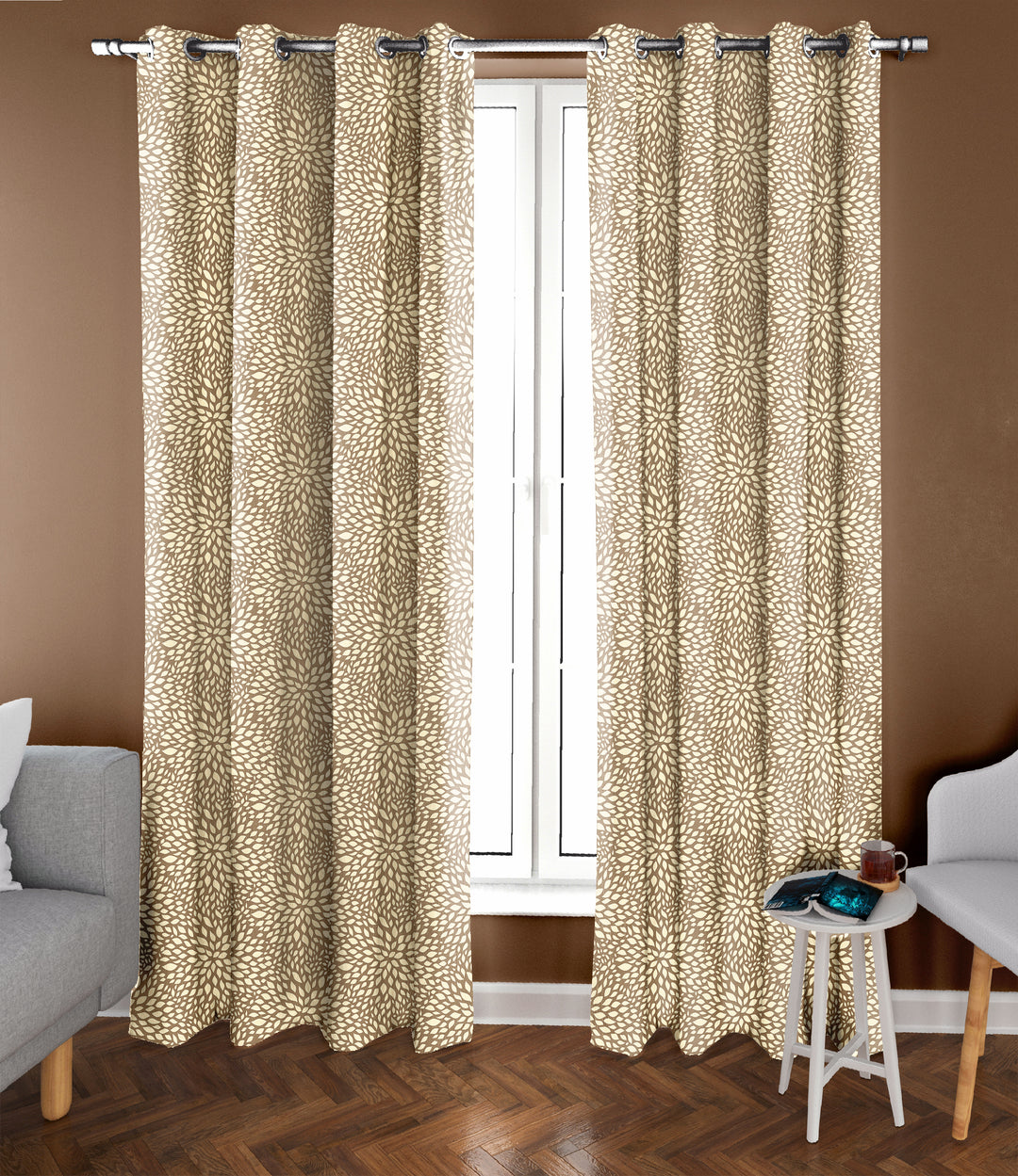 Ultimate Trends Premium Polyester Floral Pattern Digital Printed Curtain, Peanut Brown Color, 1 Piece