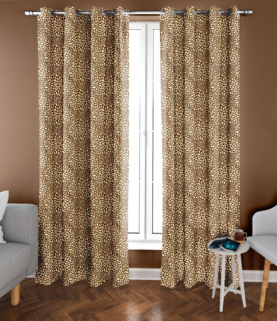 Ultimate Trends Premium Polyester Floral Pattern Digital Printed Curtain, Brown Color, 1 Piece