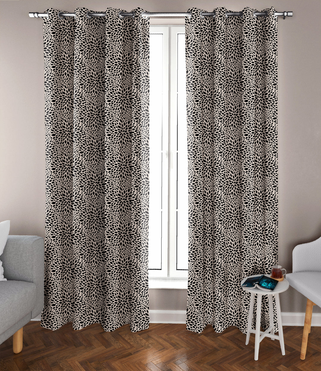 Ultimate Trends Premium Polyester Floral Pattern Digital Printed Curtain, Black Color, 1 Piece