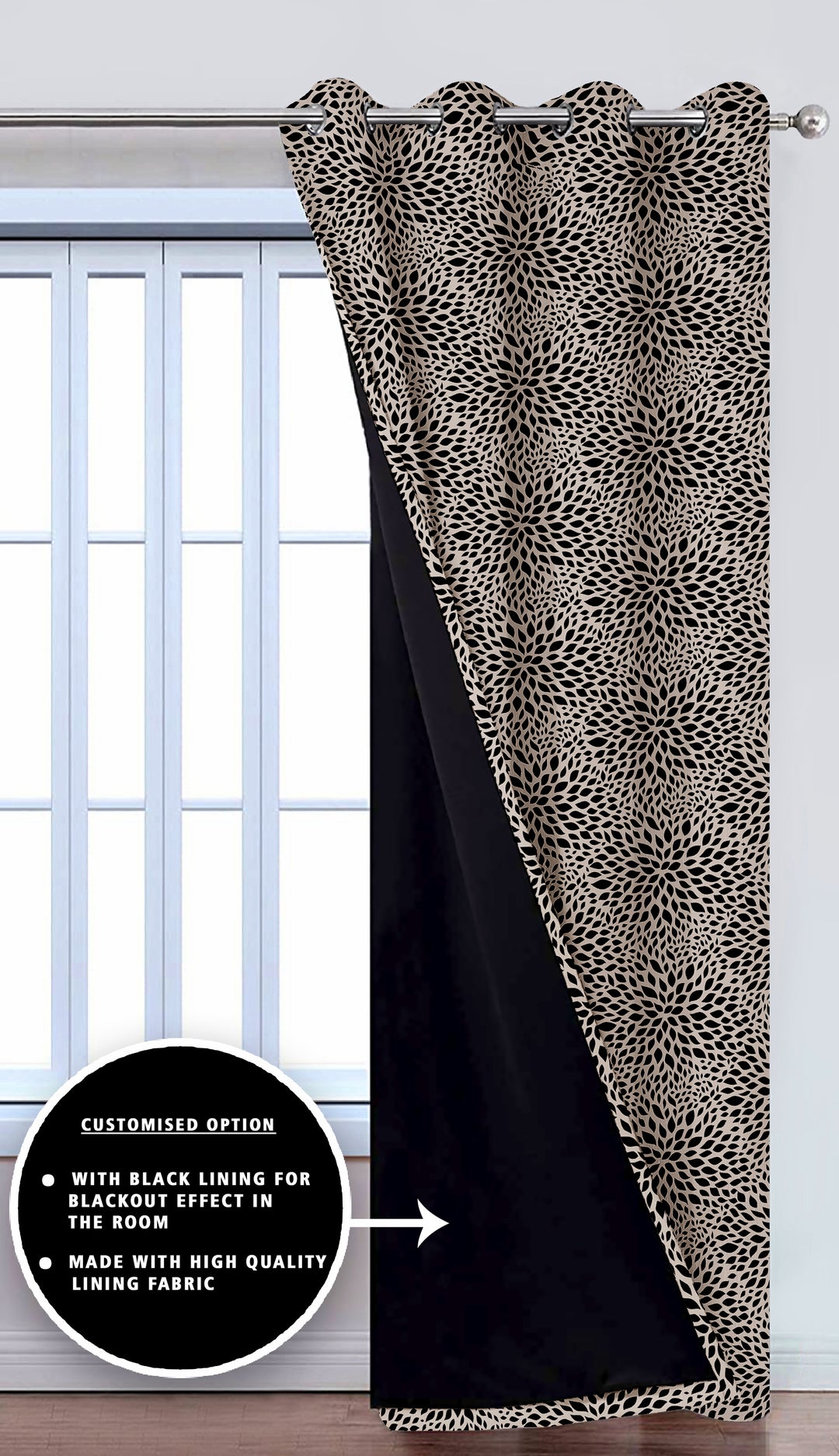 Ultimate Trends Premium Polyester Floral Pattern Digital Printed Curtain, Black Color, 1 Piece