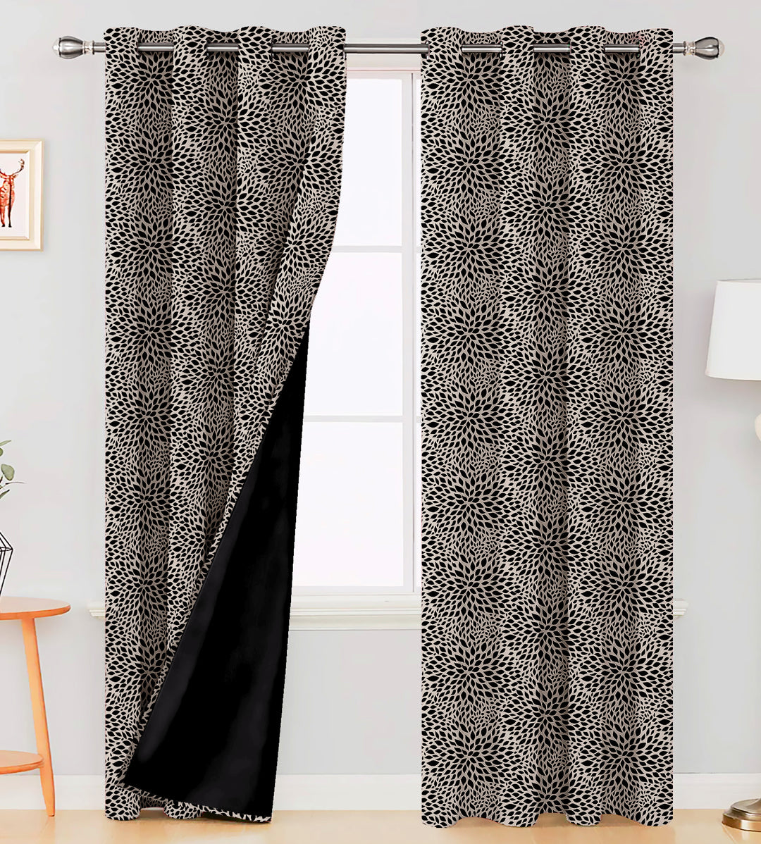 Ultimate Trends Premium Polyester Floral Pattern Digital Printed Curtain, Black Color, 1 Piece